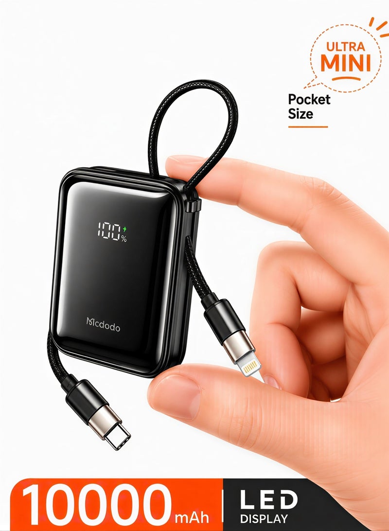 Mcdodo Mini Power Bank 10000mAh, Built-in USB-C + Lightning Cable, 22.5W PD Fast Charging, 50% More Compact, 3 Ports, iPhone + Android, FreeKit, Black, MC-2550 - Image 1