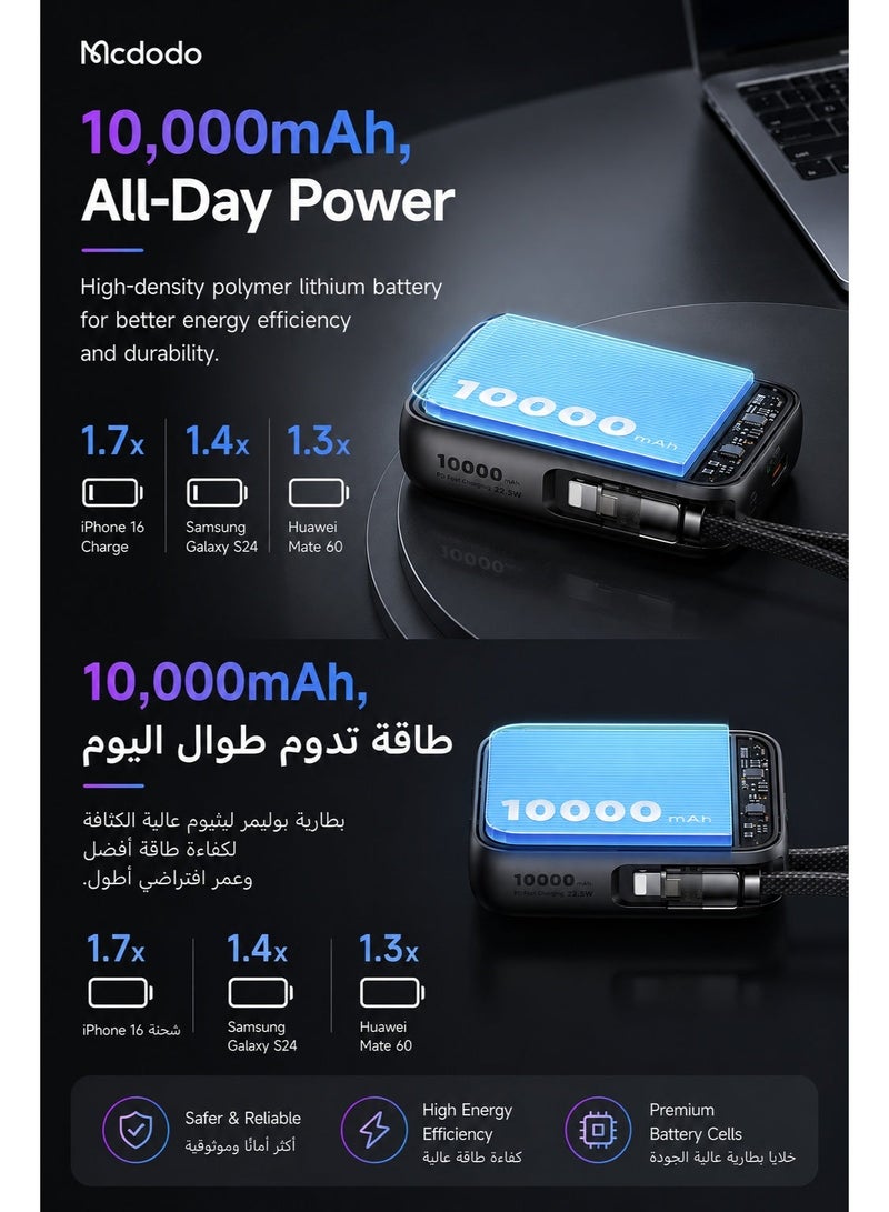 Mcdodo Mini Power Bank 10000mAh, Built-in USB-C + Lightning Cable, 22.5W PD Fast Charging, 50% More Compact, 3 Ports, iPhone + Android, FreeKit, Black, MC-2550 - Image 2