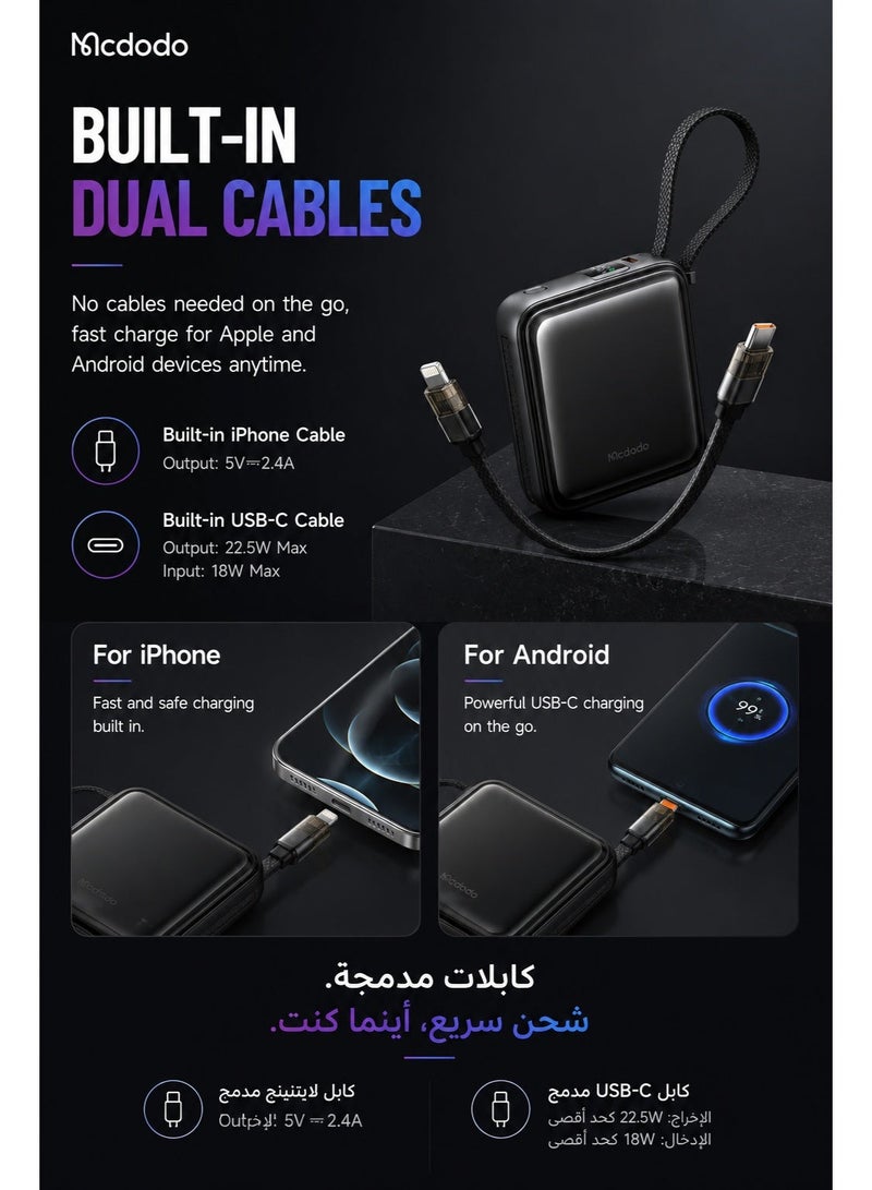 Mcdodo Mini Power Bank 10000mAh, Built-in USB-C + Lightning Cable, 22.5W PD Fast Charging, 50% More Compact, 3 Ports, iPhone + Android, FreeKit, Black, MC-2550 - Image 4