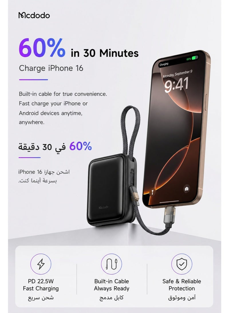 Mcdodo Mini Power Bank 10000mAh, Built-in USB-C + Lightning Cable, 22.5W PD Fast Charging, 50% More Compact, 3 Ports, iPhone + Android, FreeKit, Black, MC-2550 - Image 3