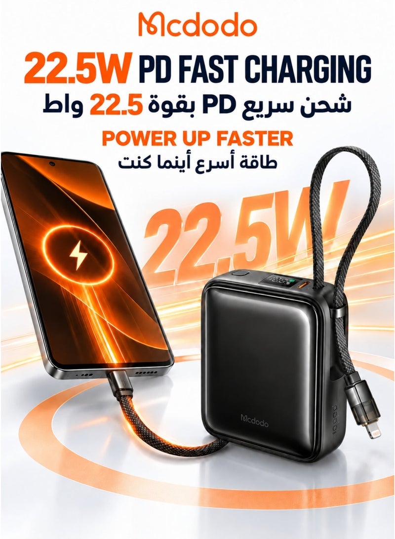 Mcdodo Mini Power Bank 10000mAh, Built-in USB-C + Lightning Cable, 22.5W PD Fast Charging, 50% More Compact, 3 Ports, iPhone + Android, FreeKit, Black, MC-2550 - Image 3