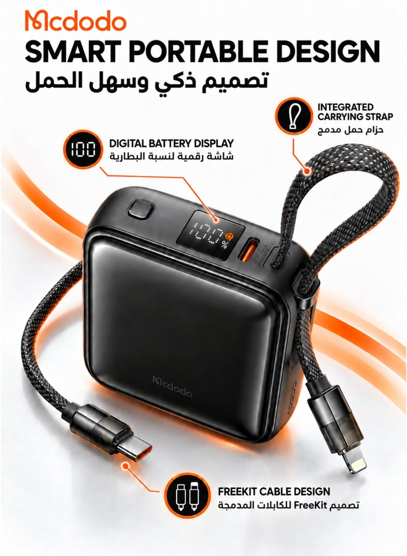 Mcdodo Mini Power Bank 10000mAh, Built-in USB-C + Lightning Cable, 22.5W PD Fast Charging, 50% More Compact, 3 Ports, iPhone + Android, FreeKit, Black, MC-2550 - Image 5