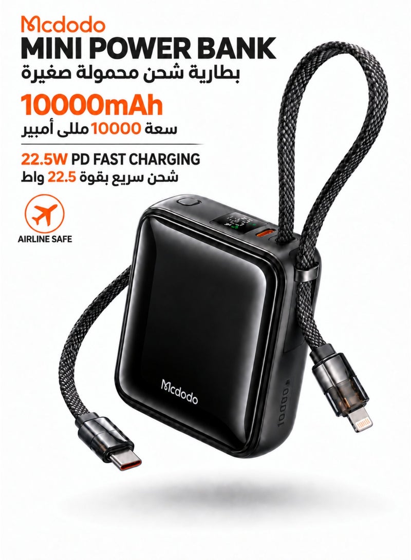 Mcdodo Mini Power Bank 10000mAh, Built-in USB-C + Lightning Cable, 22.5W PD Fast Charging, 50% More Compact, 3 Ports, iPhone + Android, FreeKit, Black, MC-2550 - Image 1