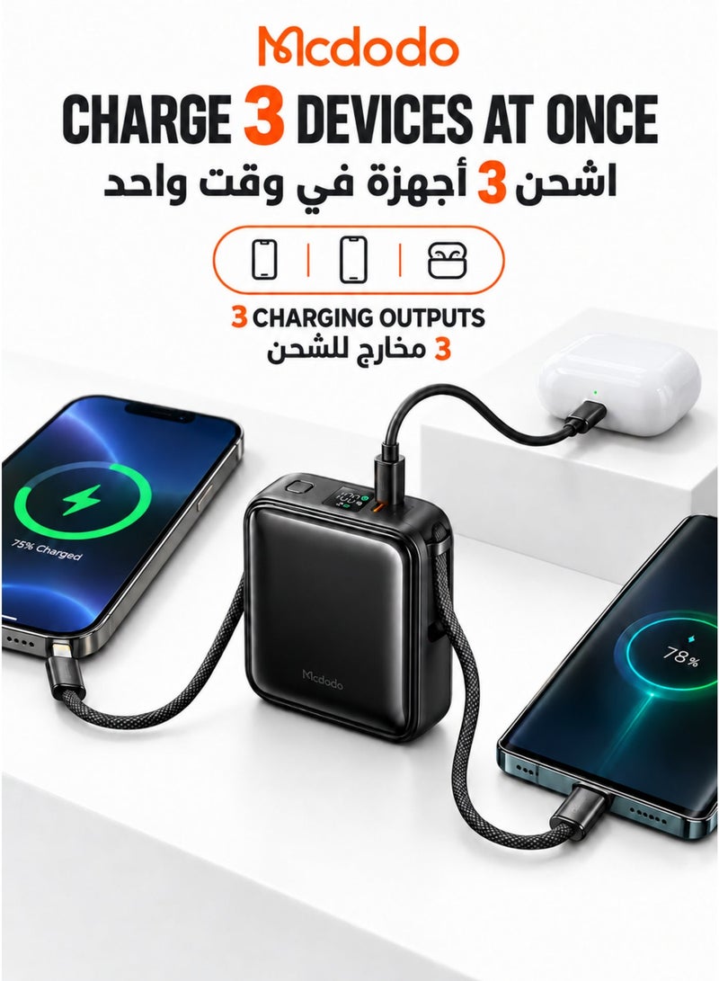 Mcdodo Mini Power Bank 10000mAh, Built-in USB-C + Lightning Cable, 22.5W PD Fast Charging, 50% More Compact, 3 Ports, iPhone + Android, FreeKit, Black, MC-2550 - Image 4