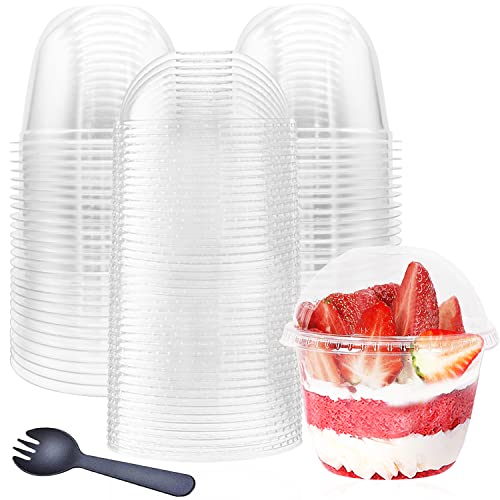 Alaeseje 50 Pack 10oz Plastic Cups with Dome Lids(No Hole) and Sporks,Disposable PET Parfait Cups,Crystal Dessert Cups for Pudding,Snacks,Ice Cream,Yogurt - Image 1