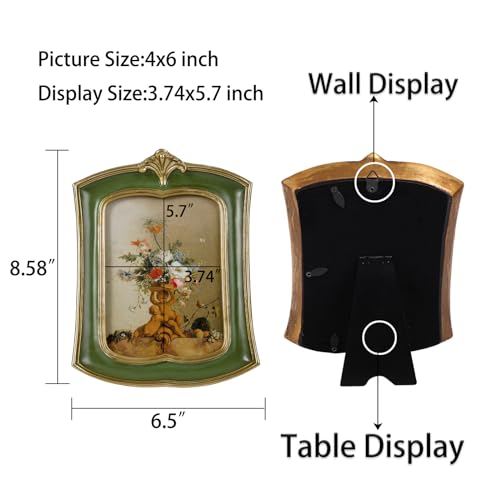 Kangce Vintage Picture Frame 4x6 Antique Ornate Photo Frame Tabletop and Wall Hanging Old-Fashioned Style, Decorative Retro Design Home Decor, Photo Gallery, Art, Green - Image 4