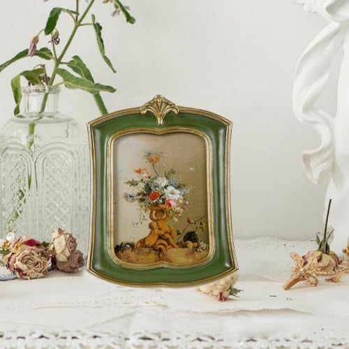 Kangce Vintage Picture Frame 4x6 Antique Ornate Photo Frame Tabletop and Wall Hanging Old-Fashioned Style, Decorative Retro Design Home Decor, Photo Gallery, Art, Green - Image 2