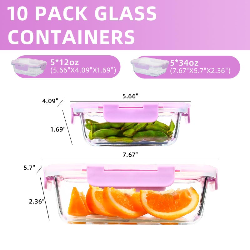 UMEIED 10 Pack Glass Food Storage Containers with Lids  Leakproof Airtight Glass Meal Prep Containers For Lunch  On The Go  Leftover  Dishwasher Safe - Image 2
