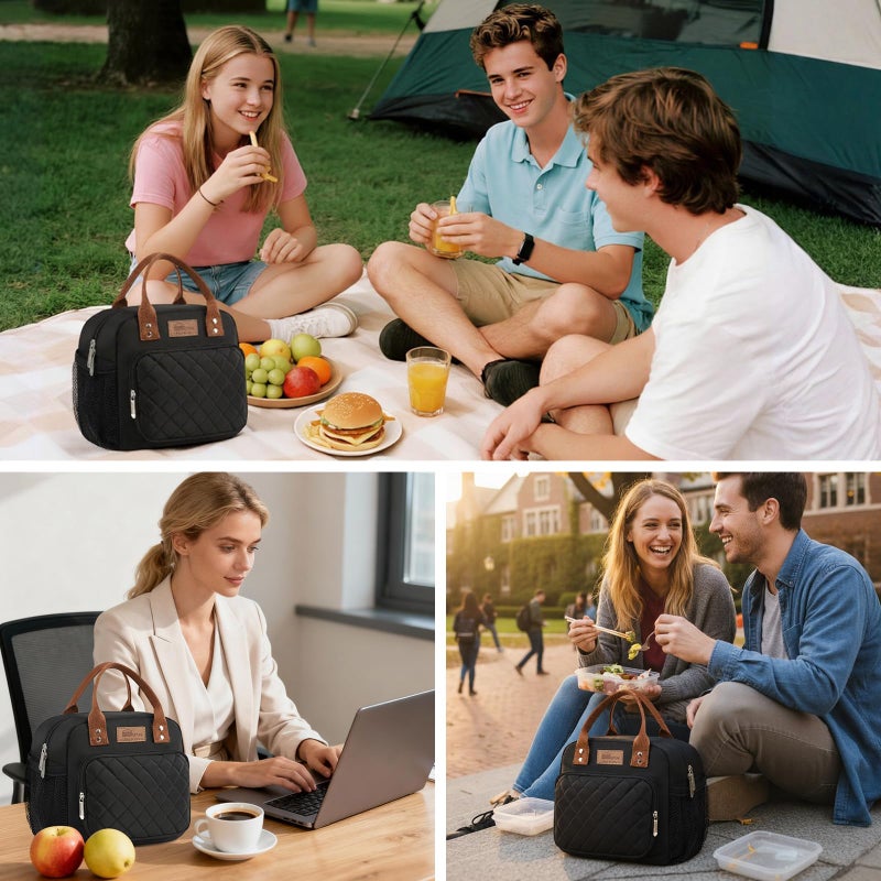 HOMESPON Lunch Bag for Woman Man Adults with Front Pocket Insulated Lunch Tote with Side Pockets Lunch Box Container for Work Picnic or Travel (Black) - Image 3