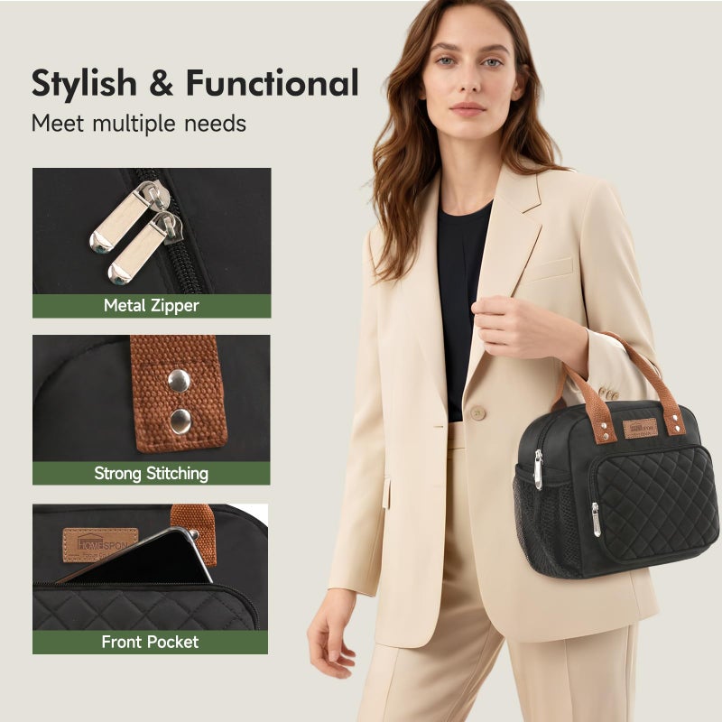 HOMESPON Lunch Bag for Woman Man Adults with Front Pocket Insulated Lunch Tote with Side Pockets Lunch Box Container for Work Picnic or Travel (Black) - Image 5