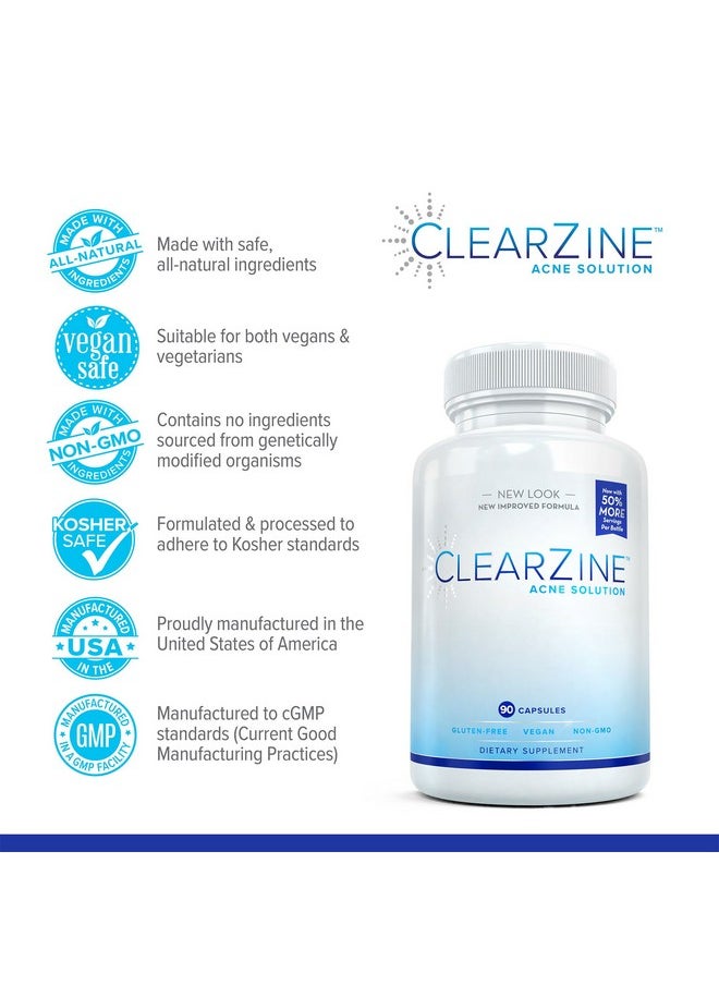 ClearZine - Acne Pills For Teens & Adults (2 Bottles) ; Clear Skin Supplement Vitamins For Hormonal & Cystic Acne ; Stop Breakouts Oily Skin With Milk Thistle Pantothenic Acid & Zinc 90 Caps Each - Image 1