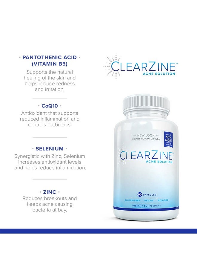 ClearZine - Acne Pills For Teens & Adults (2 Bottles) ; Clear Skin Supplement Vitamins For Hormonal & Cystic Acne ; Stop Breakouts Oily Skin With Milk Thistle Pantothenic Acid & Zinc 90 Caps Each - Image 1