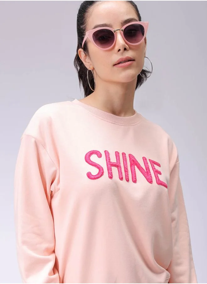 مرفوعة Women Relaxed Pink Printed Crew Neck Long Sleeve Sweatshirt