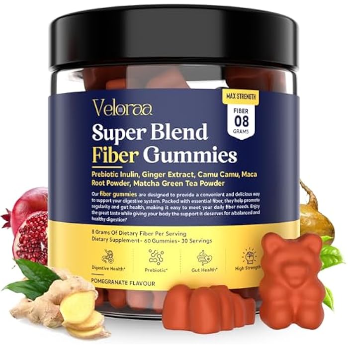 Veloraa Super Blend Fiber Gummies for Adults – 8g Prebiotic Fiber Gummies, Supports Digestive Health, Bloating Relief & Wellness, Infused with Ginger, Camu Camu & Matcha, Strawberry Flavor – 60 Count - Image 1