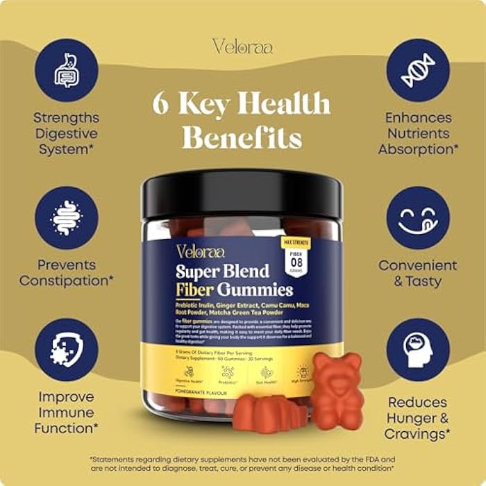 Veloraa Super Blend Fiber Gummies for Adults – 8g Prebiotic Fiber Gummies, Supports Digestive Health, Bloating Relief & Wellness, Infused with Ginger, Camu Camu & Matcha, Strawberry Flavor – 60 Count - Image 2