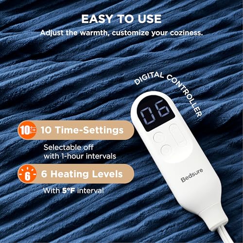Bedsure بطانية كهربائية Bedsure GentleSoft بحجم كامل - بطانية مدفأة من الفلانيل الناعم مع 6 إعدادات حرارة، تسخين مع 10 إعدادات زمنية، مؤقت إيقاف تلقائي بعد 8 ساعات، هدايا للجدة (72"x84"، أزرق داكن) - Image 4