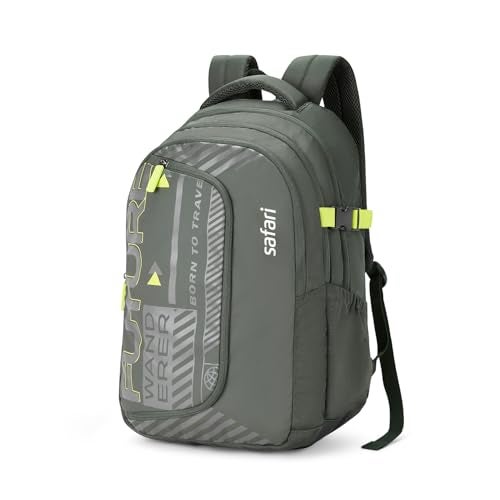 Safari Terra 37L School Bag for Boys & Girls, Casual 3 Compartment Backpack Bag with Armor Base, Rain Cover, File holder, Bottle Holder and Organizer, College Bag for Men and Women, Color Olive - Image 1