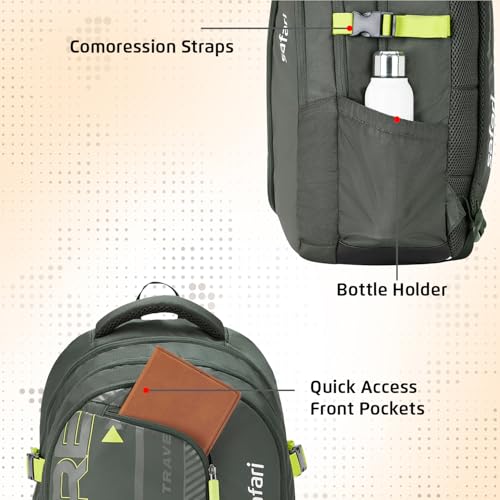 Safari Terra 37L School Bag for Boys & Girls, Casual 3 Compartment Backpack Bag with Armor Base, Rain Cover, File holder, Bottle Holder and Organizer, College Bag for Men and Women, Color Olive - Image 5