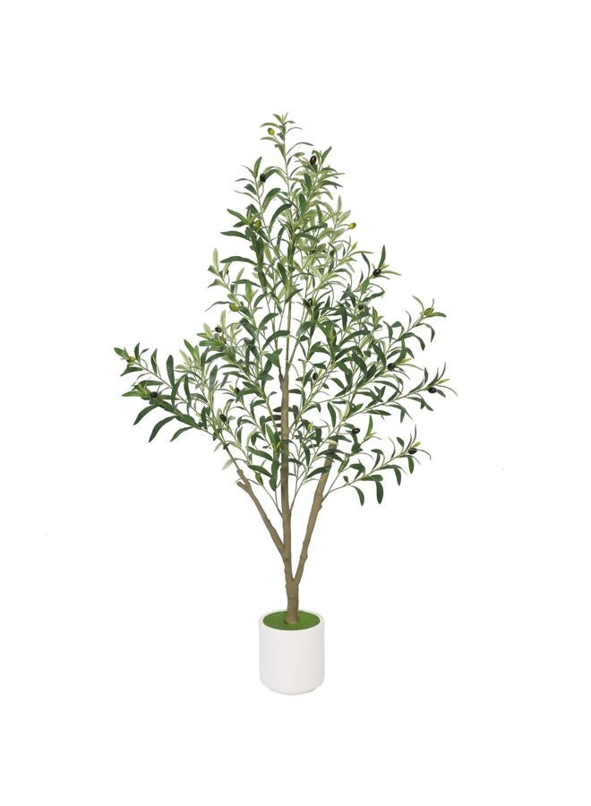 Timoo شجرة زيتون صناعية داخلية بارتفاع 5 أقدام مع وعاء أبيض، نباتات صناعية داخلية شجرة مزيفة بأوراق واقعية وثمار حقيقية، نبات مزيف لتزيين المنزل والمكتب - Image 1