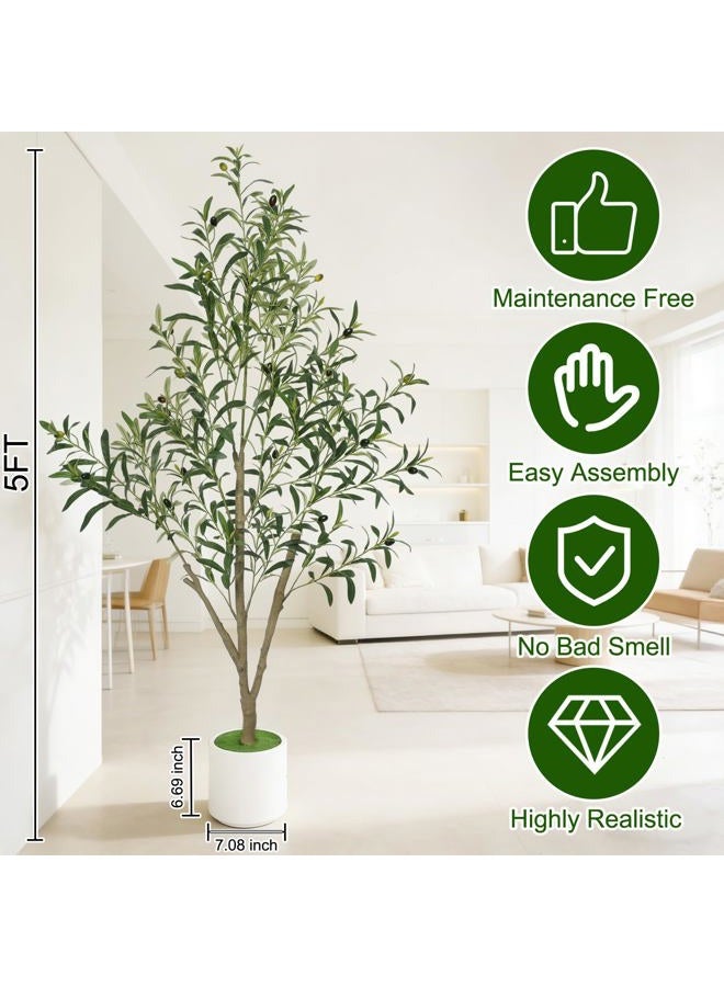 Timoo شجرة زيتون صناعية داخلية بارتفاع 5 أقدام مع وعاء أبيض، نباتات صناعية داخلية شجرة مزيفة بأوراق واقعية وثمار حقيقية، نبات مزيف لتزيين المنزل والمكتب - Image 2
