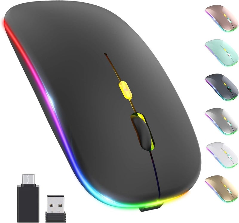 CLUSPEX LED Wireless Mouse, Slim Silent Mouse 2.4G Portable Mobile Optical Office Mouse with USB & Type-c Receiver, 3 Adjustable DPI Levels for Notebook, PC, Laptop, Computer (Black) - Image 1