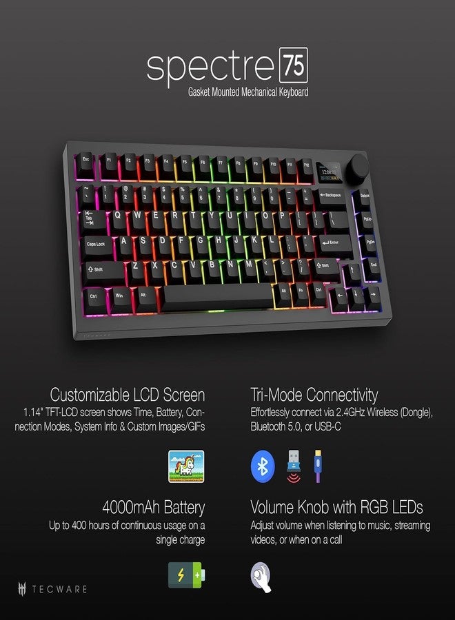 TECWARE Spectre 75% RGB Mechanical Gaming Keyboard with Customizable LCD Screen, Multi-Function Knob, Gasket Mount, 3 Mode Connectivity, South Face 5-Pin Universal Hot-Swappable Sockets (Ocean Gold) - Image 3
