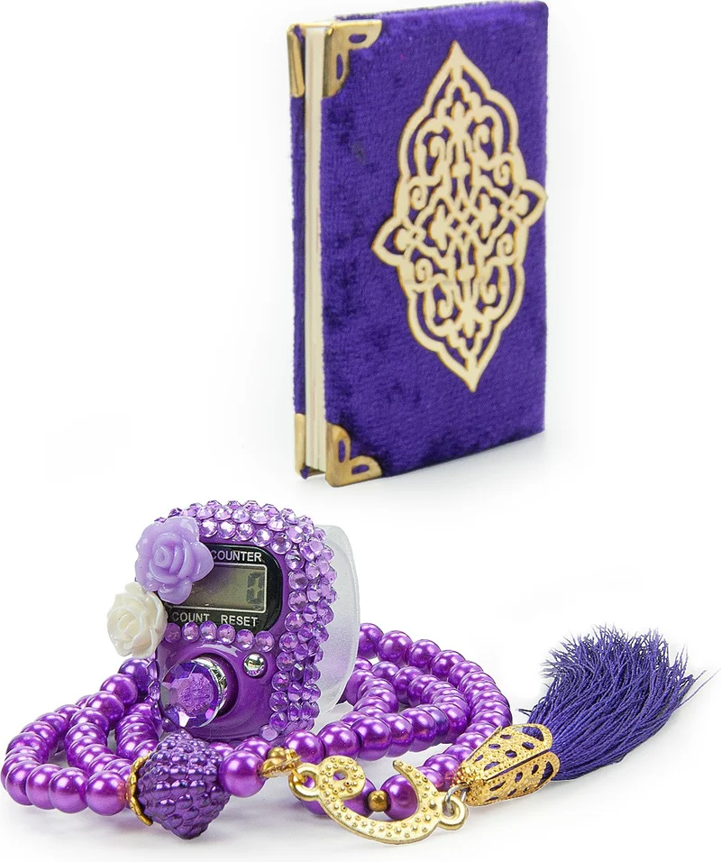 İhvan Online Ihvan Online Purple Stone Zikirmatik - Pocket Size Arabic Yasin-I Sharif - Pearl Prayer Beads Hajj Umrah Gift Set