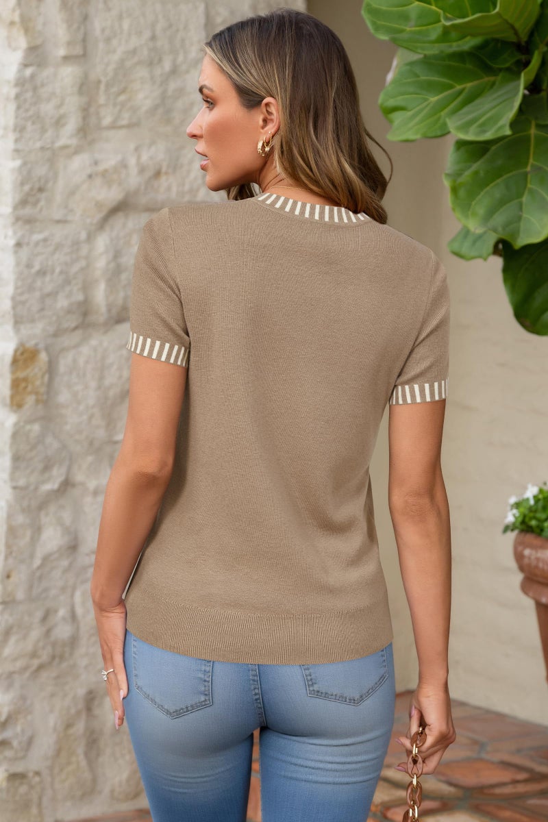 Arach&Cloz Women's 2025 Wool Blend Summer Short Sleeve Sweater Crew Neck Loose Fit Soft Pullover Tops Trendy Business Casual Outfits Clothes Contrast Color Blouse Camel M - Image 4