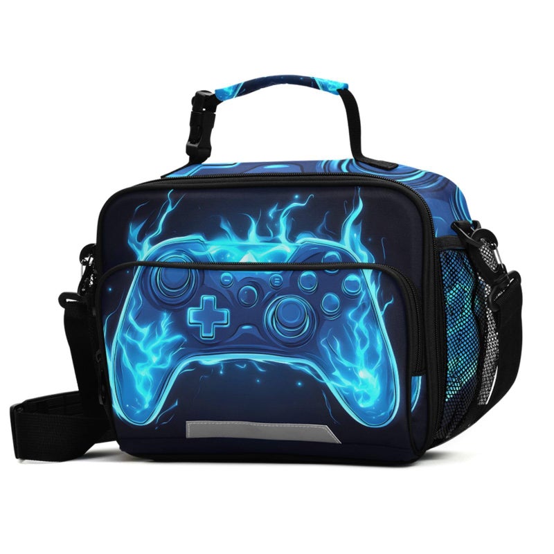 BOENLE Joystick Gamepad Blue Flame Lunch Box for Boys Girls Insulated Lunch Bag Kids Cooler Tote Shoulder Strap Reusable School Picnic Travel