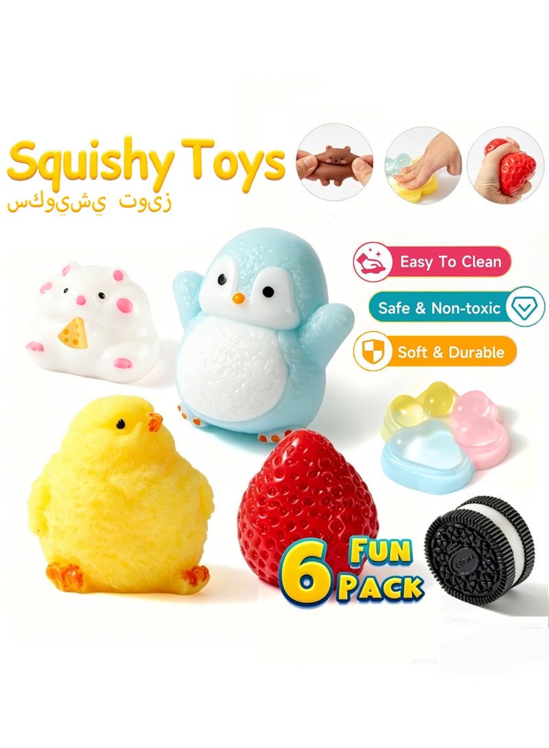 YALONG 6 Pcs Squishy Squeeze Toys Set, Soft Toy Baby Stress Relief & Focus Toy, Pinch Decompression Toy for Anxiety and Relaxation, Include (1 Strawberry, 1 Cat Paw, 1 Cookie,1 Hamster, 1 Chick, 1 Penguin, 6 Mochi) Sensory Stress Relief Toys, Squishy Fidget Toys Adults, Party Favors Gifts for Kids - Image 1