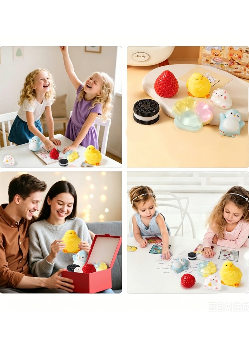 YALONG 6 Pcs Squishy Squeeze Toys Set, Soft Toy Baby Stress Relief & Focus Toy, Pinch Decompression Toy for Anxiety and Relaxation, Include (1 Strawberry, 1 Cat Paw, 1 Cookie,1 Hamster, 1 Chick, 1 Penguin, 6 Mochi) Sensory Stress Relief Toys, Squishy Fidget Toys Adults, Party Favors Gifts for Kids - Image 5