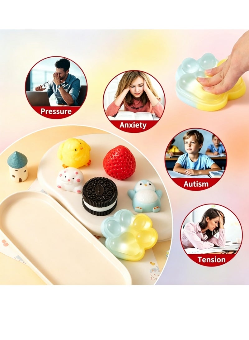 YALONG 6 Pcs Squishy Squeeze Toys Set, Soft Toy Baby Stress Relief & Focus Toy, Pinch Decompression Toy for Anxiety and Relaxation, Include (1 Strawberry, 1 Cat Paw, 1 Cookie,1 Hamster, 1 Chick, 1 Penguin, 6 Mochi) Sensory Stress Relief Toys, Squishy Fidget Toys Adults, Party Favors Gifts for Kids - Image 3