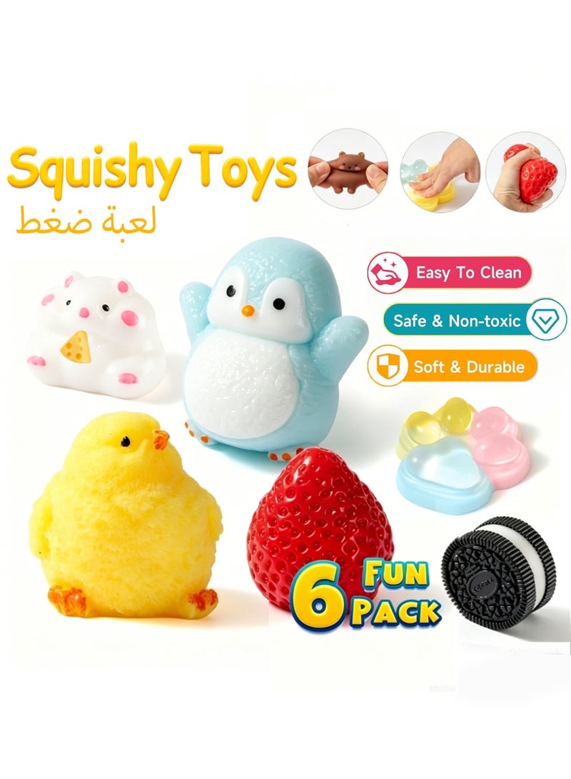 YALONG 6 Pcs Squishy Squeeze Toys Set, Soft Toy Baby Stress Relief & Focus Toy, Pinch Decompression Toy for Anxiety and Relaxation, Include (1 Strawberry, 1 Cat Paw, 1 Cookie,1 Hamster, 1 Chick, 1 Penguin, 6 Mochi) Sensory Stress Relief Toys, Squishy Fidget Toys Adults, Party Favors Gifts for Kids - Image 1