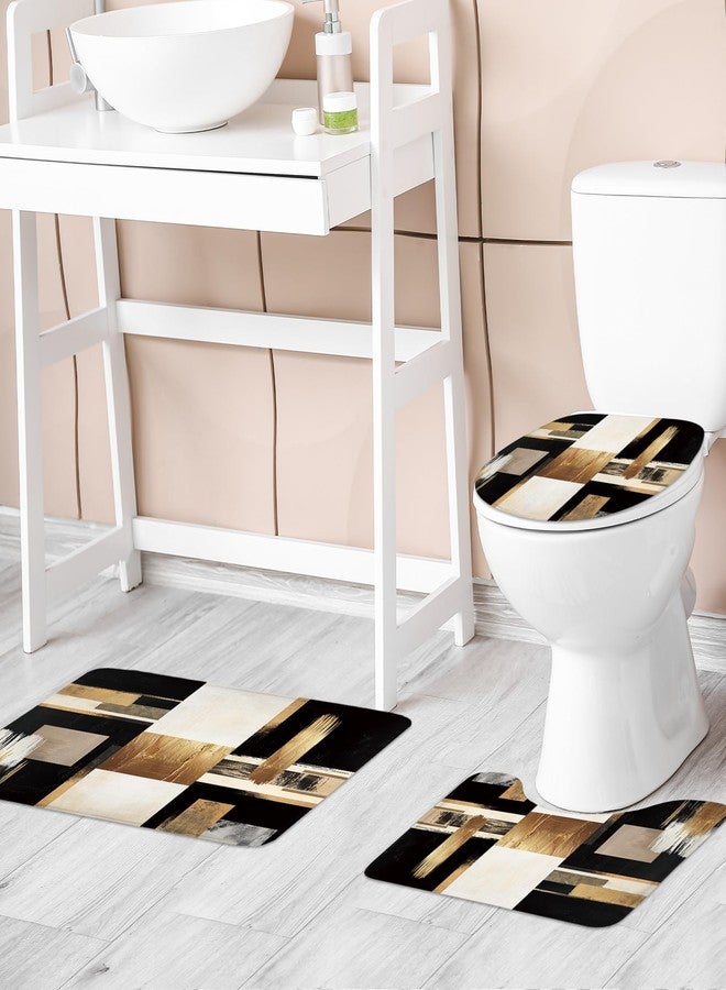 ريديكور طقم ستائر حمام من رييديكور، أسود وذهبي، بتصميم تجريدي، مكون من 4 قطع، بنمط لوحات زيتية عصرية، بنمط بوهيمي بيج، مع سجاد وإكسسوارات، وسجادة فنية لغطاء المرحاض، وسجادة محيطية، وسجادة حمام مزودة بـ 12 خطافًا. - Image 2