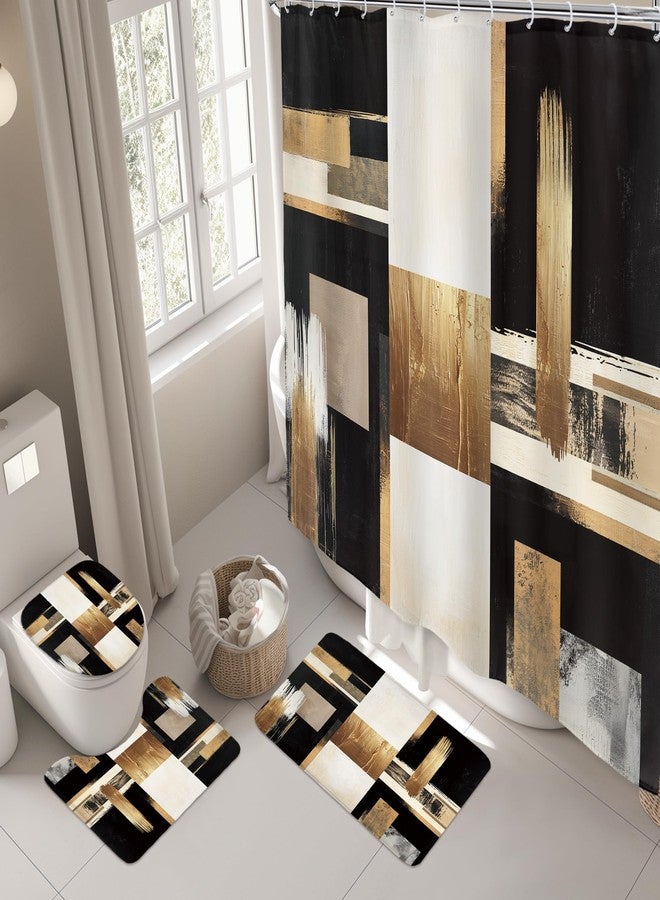 ريديكور طقم ستائر حمام من رييديكور، أسود وذهبي، بتصميم تجريدي، مكون من 4 قطع، بنمط لوحات زيتية عصرية، بنمط بوهيمي بيج، مع سجاد وإكسسوارات، وسجادة فنية لغطاء المرحاض، وسجادة محيطية، وسجادة حمام مزودة بـ 12 خطافًا. - Image 3