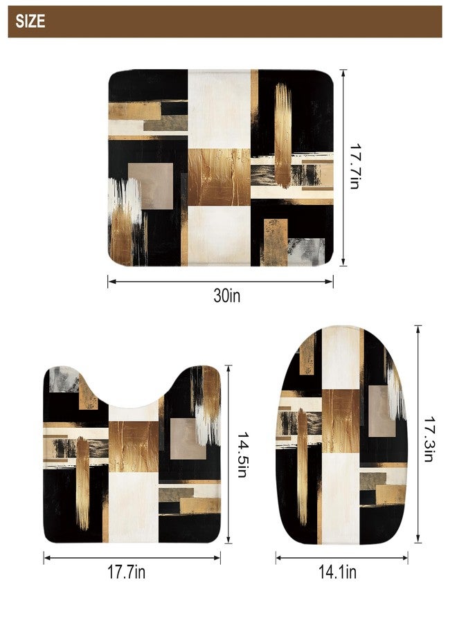 ريديكور طقم ستائر حمام من رييديكور، أسود وذهبي، بتصميم تجريدي، مكون من 4 قطع، بنمط لوحات زيتية عصرية، بنمط بوهيمي بيج، مع سجاد وإكسسوارات، وسجادة فنية لغطاء المرحاض، وسجادة محيطية، وسجادة حمام مزودة بـ 12 خطافًا. - Image 4