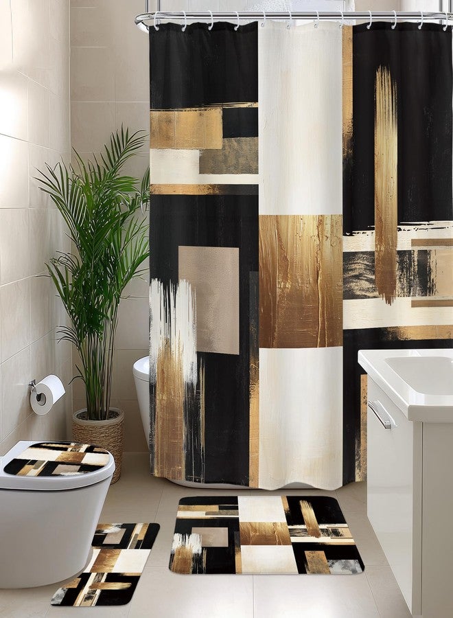 ريديكور طقم ستائر حمام من رييديكور، أسود وذهبي، بتصميم تجريدي، مكون من 4 قطع، بنمط لوحات زيتية عصرية، بنمط بوهيمي بيج، مع سجاد وإكسسوارات، وسجادة فنية لغطاء المرحاض، وسجادة محيطية، وسجادة حمام مزودة بـ 12 خطافًا. - Image 1
