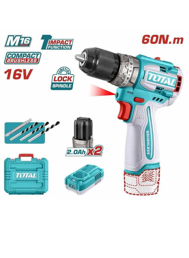 TOTAL Total 16V Brushless Impact Drill Kit – 60Nm Torque, 2-Speed Gear, Auto-Lock Keyless Chuck, Integrated LED Light – Ideal for Drilling, Screwing, and Impact Tasks – Includes Batteries, Charger & Carrying Case  - Image 1