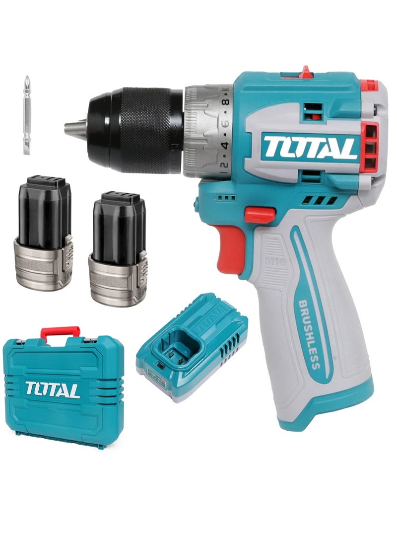 TOTAL Total 16V Brushless Impact Drill Kit – 60Nm Torque, 2-Speed Gear, Auto-Lock Keyless Chuck, Integrated LED Light – Ideal for Drilling, Screwing, and Impact Tasks – Includes Batteries, Charger & Carrying Case  - Image 2