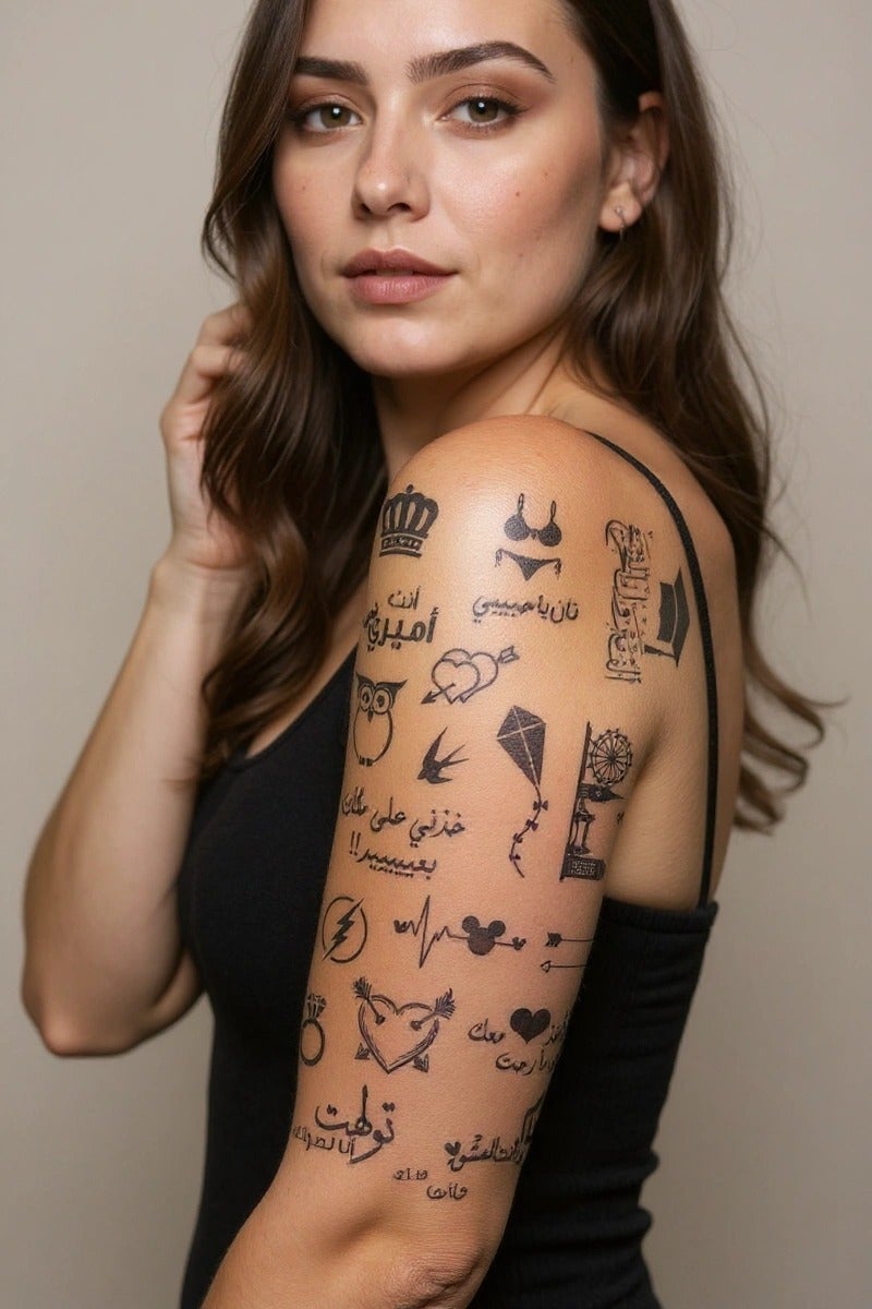 ستيكر تاتو/وشم شبه دائم واقعي بتصميم اشكال بالعربي من ورقة كبيرة تدوم لمدة أسبوعين للنساء والبنات والرجال - Image 1