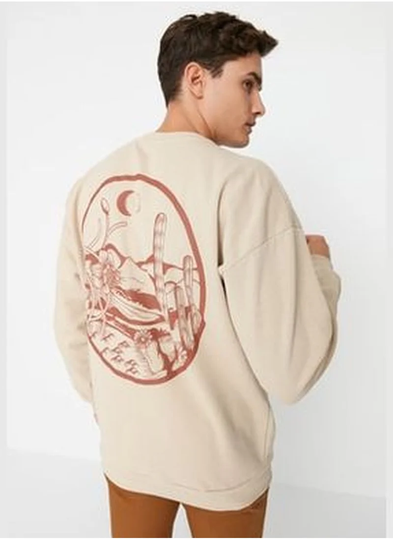 trendyol Men's Beige Oversized Tropical Back Printed Sweatshirt with Soft Pillows and Cotton TMNAW22SW0796.