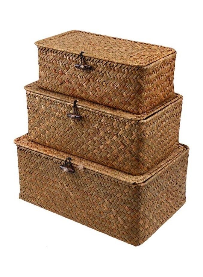 LINGWEI Set of 3 Shelf Basket with Lid for Home Decor Seagrass Storage Baskets Natural Rattan Woven Rectangular Organizer Box - Image 1