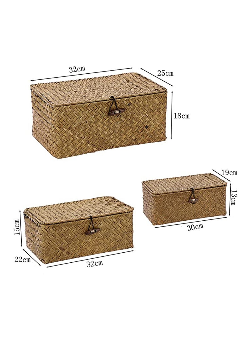 LINGWEI Set of 3 Shelf Basket with Lid for Home Decor Seagrass Storage Baskets Natural Rattan Woven Rectangular Organizer Box - Image 4