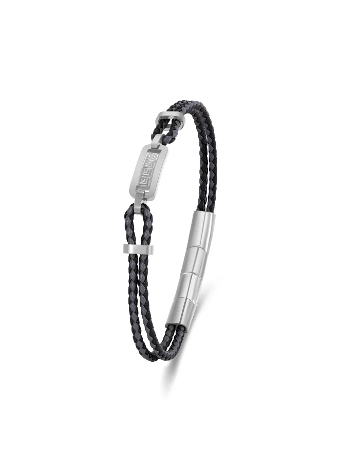غاي لاروش Alain Stainless Steel Bracelet with Black & Grey Two-Line Leather
