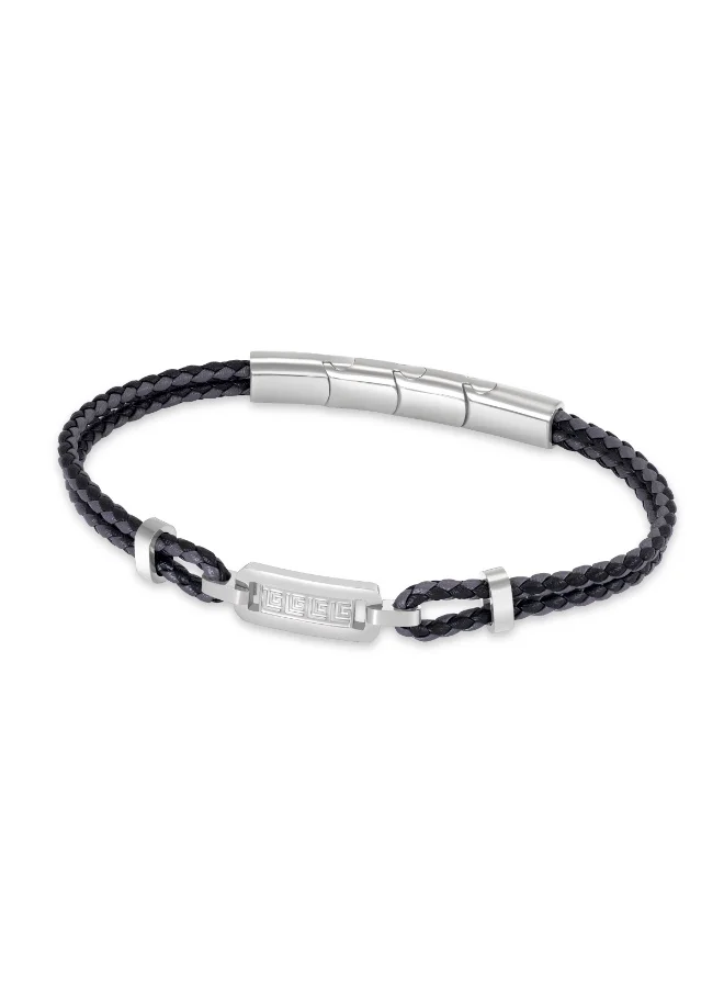 Alain Stainless Steel Bracelet with Black & Grey Two-Line Leather