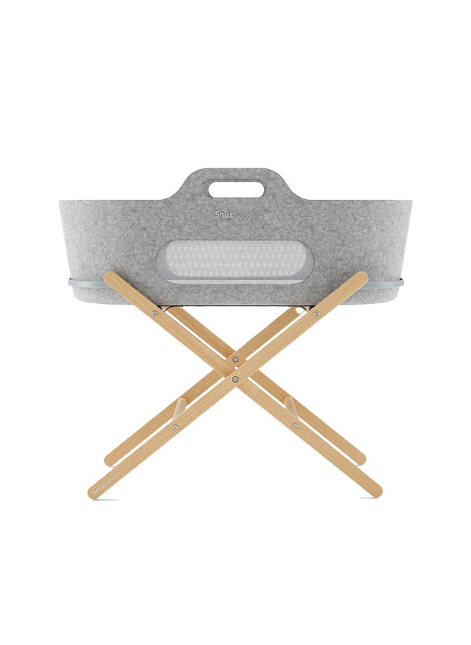 Snuz - Baskit Moses Basket And Stand Set For Baby, Dual Mesh Windows For Airflow, Soft Material , 3D Breathable Mattress, Machine Washable Liners , Basket And Stand 84 X 46.5 X 74 Cm - Light Grey And Natural - Image 1
