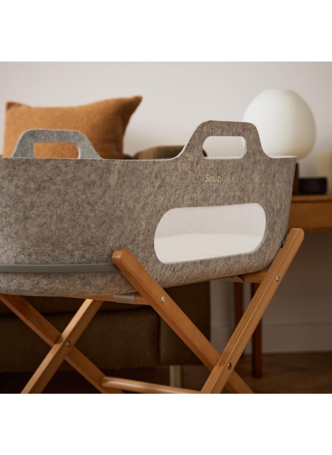 Snuz - Baskit Moses Basket And Stand Set For Baby, Dual Mesh Windows For Airflow, Soft Material , 3D Breathable Mattress, Machine Washable Liners , Basket And Stand 84 X 46.5 X 74 Cm - Light Grey And Natural - Image 1