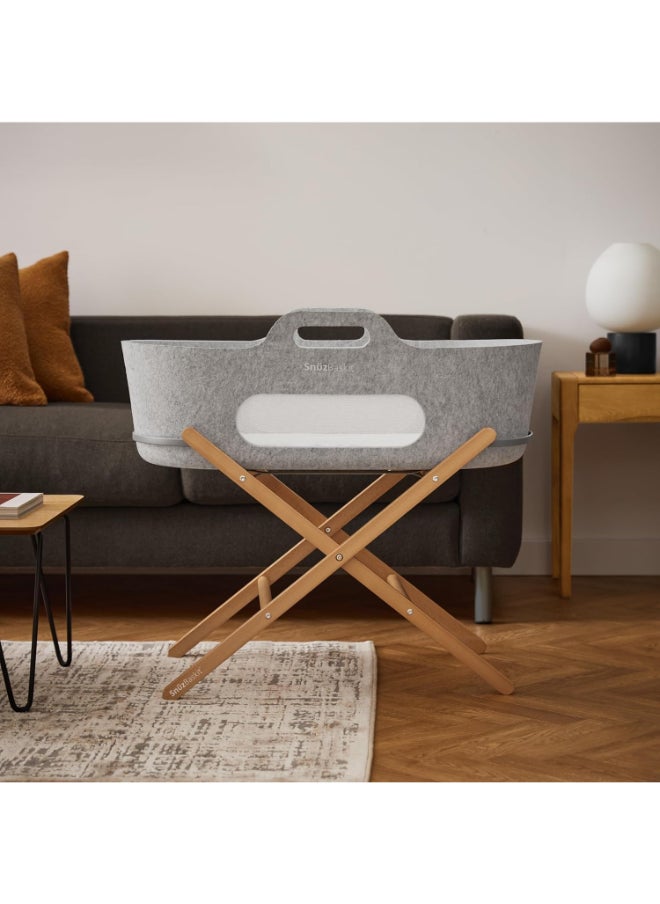 Snuz - Baskit Moses Basket And Stand Set For Baby, Dual Mesh Windows For Airflow, Soft Material , 3D Breathable Mattress, Machine Washable Liners , Basket And Stand 84 X 46.5 X 74 Cm - Light Grey And Natural - Image 1