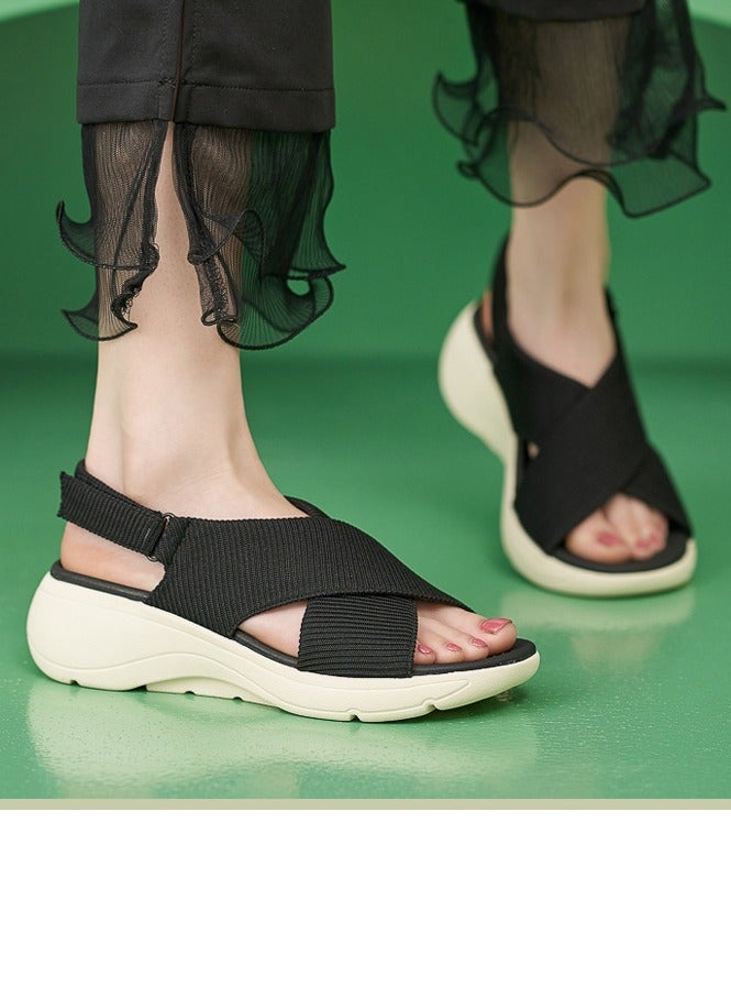 Loquat Women's Casual Sports Thick Soled Non Slip Sandals Stylish Wedge Shoes  Black  - Image 1