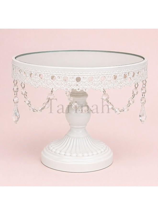 Luxury White Metal Pedestal Cake Stand Set with Crystal Hanging Pendants & Mirror Top (Set of 3) - Image 3